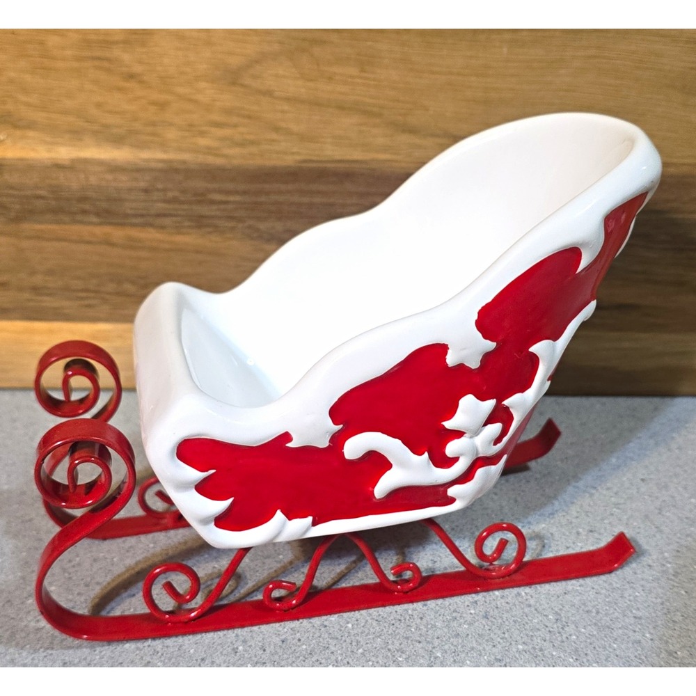 Ceramic Christmas Sleigh Centerpiece w/ Metal Base, Red White, 9 in